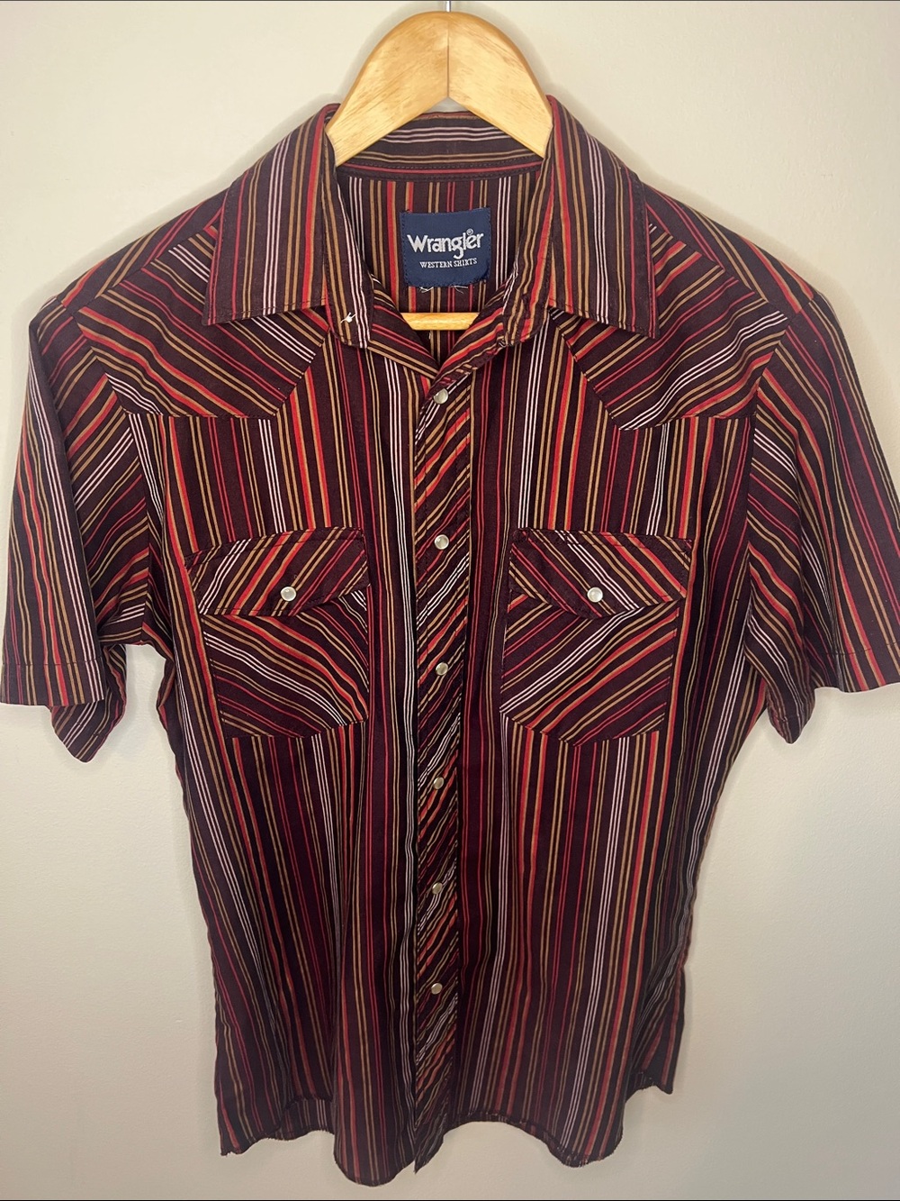 Wrangler Short Sleeve Striped Button-Down Shirt in Burgundy and Black